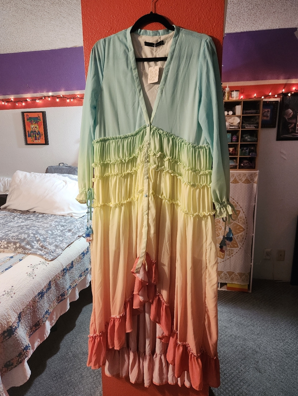 Boho Ombre Ruffle Maxi Dress - Green to Coral